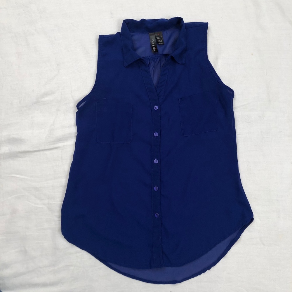 Blue chiffon High/Low Style Button Down Top